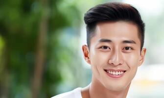 A close-up portrait of a handsome Asian man smiling photo