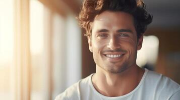 A handsome man with a bright smile stands in a sunlit room, showcasing a healthy complexion photo