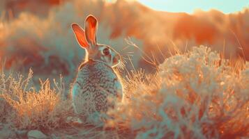 A desert hare sits in the grass, bathed in the golden light of the setting sun photo