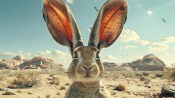 A jackrabbit with large ears stares directly at the camera in the desert photo