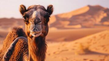 A camel stands in the desert, looking out at the sunset photo