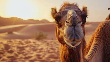un de cerca de un camellos cara en el Desierto a puesta de sol foto