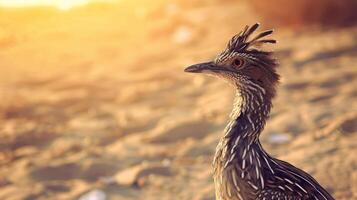 A roadrunner stands in a desert, looking towards the setting sun photo