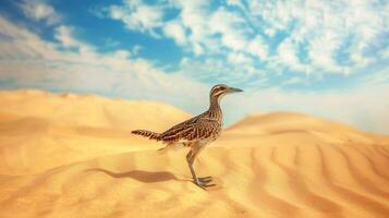 A lone bird navigates the vast, golden sand dunes under a clear blue sky photo