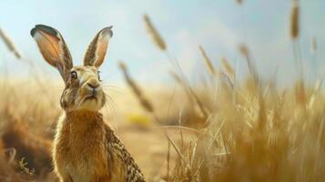 A desert hare with long ears stands in a field of tall grass photo