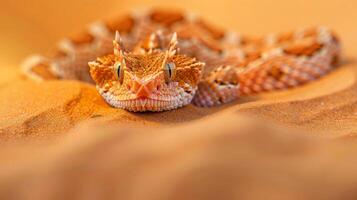 A desert viper stares intently, camouflaged in the sand photo