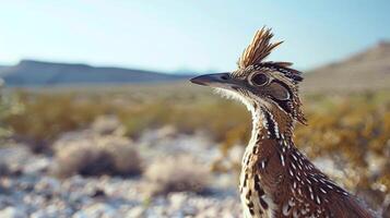 A Roadrunner stands alert in the desert, facing the distant mountains photo