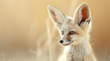 A Fennec fox, with its distinctive large ears, stares intently at the camera in the soft, golden light of the desert sunset photo
