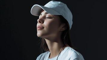 A woman wears a white cap and gazes upwards, lost in thought photo
