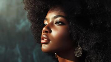 A close-up portrait of a beautiful black woman with an afro photo