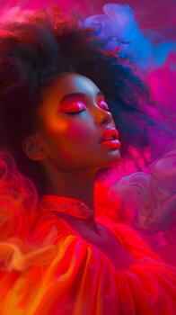A woman with an afro poses in a colorful, dream-like studio setting photo