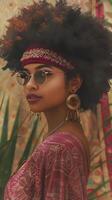 A striking portrait of a Black woman with an afro wearing sunglasses and a patterned top photo