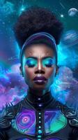 A stunning black woman with an afro poses against a backdrop of stars and planets photo
