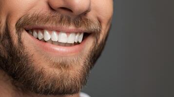 A close-up shot of a mans smile, showcasing his white teeth photo