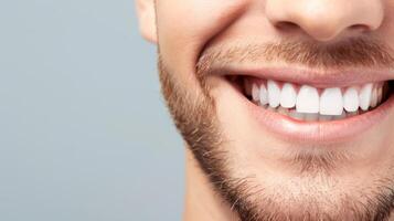 A mans smile with white teeth against a gray background photo