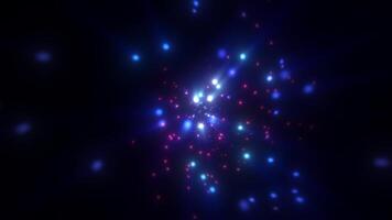 abstrato brilhante azul brilhando fundo com vôo pontos círculos bokeh energia partículas e luz raios, dentro Alto qualidade 4k, movimento Projeto video