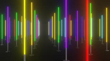 Animation of walking along colorful lampposts in a black hallway video