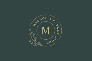 Natural floral tree branch with leaves and berries circle minimal line logo design template vector