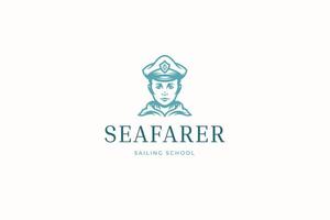 Sailing school sailor portrait monochrome blue sketch logo design template illustration vector