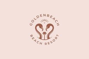 Honeymoon beach resort travel paradise vacation flamingo palm tree logo design template vector