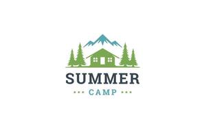 Summer camp expedition logo design template green forest hut mountain flat illustration vector