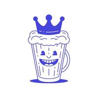 Smiling beer mug in crown funny cartoon character retro 30s animation style line art icon vector