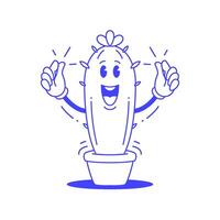 Smile cactus in pot funny cartoon character retro 30s animation style line art icon vector