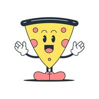 Funny pizza triangle piece cartoon character comic mascot retro 30s animation style icon flat vector