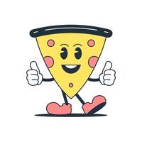 Cheerful pizza triangle piece cartoon character cool retro 30s animation style icon flat vector