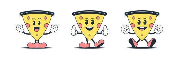 Cheerful smile pizza triangle piece cartoon character set retro 30s animation style icon flat vector