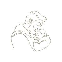 Happy father hugging little son family parenthood with love continuous line art style logo vector
