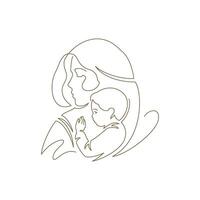 Young beautiful mother hugging little baby son with love silhouette continuous line art logo vector