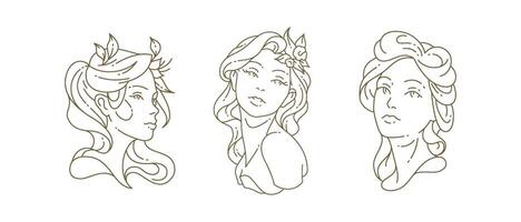 Elegant woman with flower portrait antique goddess bust statue line art logo set illustration vector