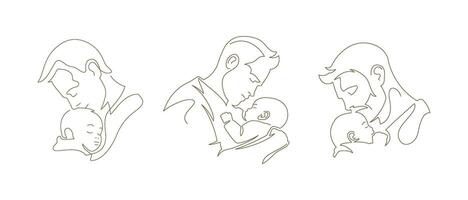 Father hugging kissing newborn little son love and tenderness continuous line art logo set vector