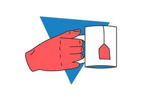 Human hand holding mug with tea bag concept relaxing break on triangle background icon flat vector