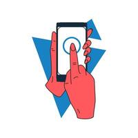 Woman finger click button touchscreen smartphone display concept digital technology icon flat vector