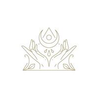 Esoteric human hands with half moon star in botanical spring blossom frame line icon vector