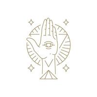 Magic human palm with all seeing eye pyramid circle triangle frame with shining stars line icon vector