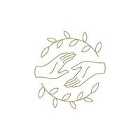 Two human arms connected circle botanical natural leaves branches frame minimalist line icon vector