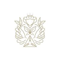 Human hands holding abstract blossom flower triangle frame spring decorative design line icon vector