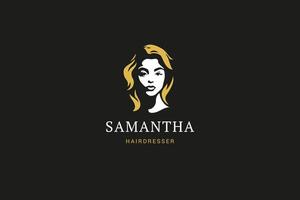 Gentle beautiful blonde woman portrait silhouette retro logo design template coiffure flat vector