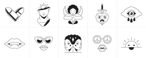 Trendy psychedelic cartoon characters and elements retro monochrome groovy style icon set vector