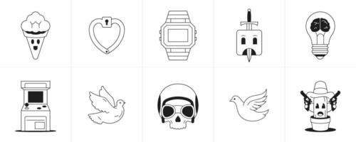 Psychedelic trendy monochrome line stickers cartoon characters retro groovy icon set vector