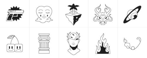 Retro groovy psychedelic cartoon characters and elements monochrome line icon set vector