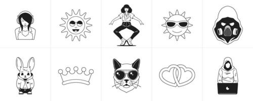 Monochrome retro groovy stickers cartoon characters and elements line icon set illustration vector