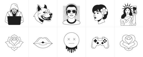 Surreal retro groovy cartoon characters monochrome elements line tattoo icon set illustration vector