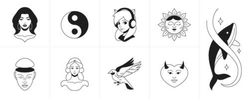 Retro groovy tattoo monochrome cartoon characters and elements trendy line icon set vector