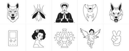 Monochrome retro groovy stickers cartoon characters and elements line icon set illustration vector