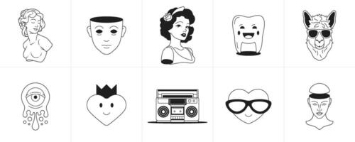 Retro groovy symbol cartoon character and element monochrome line icon set illustration vector