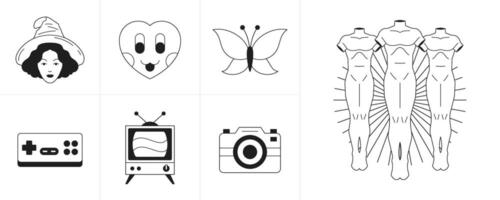 Trendy surreal retro groovy cartoon characters and elements monochrome icon set vector